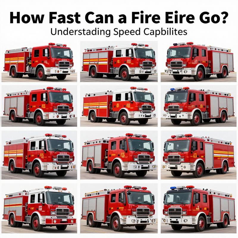 Collage of light-duty, medium-sized, heavy-duty, and specialized fire engines, showcasing their performance and speed characteristics.