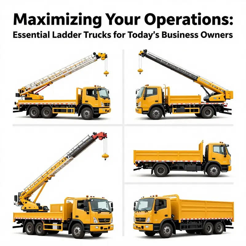 A display of various ladder trucks available for sale, highlighting their pricing and features.
