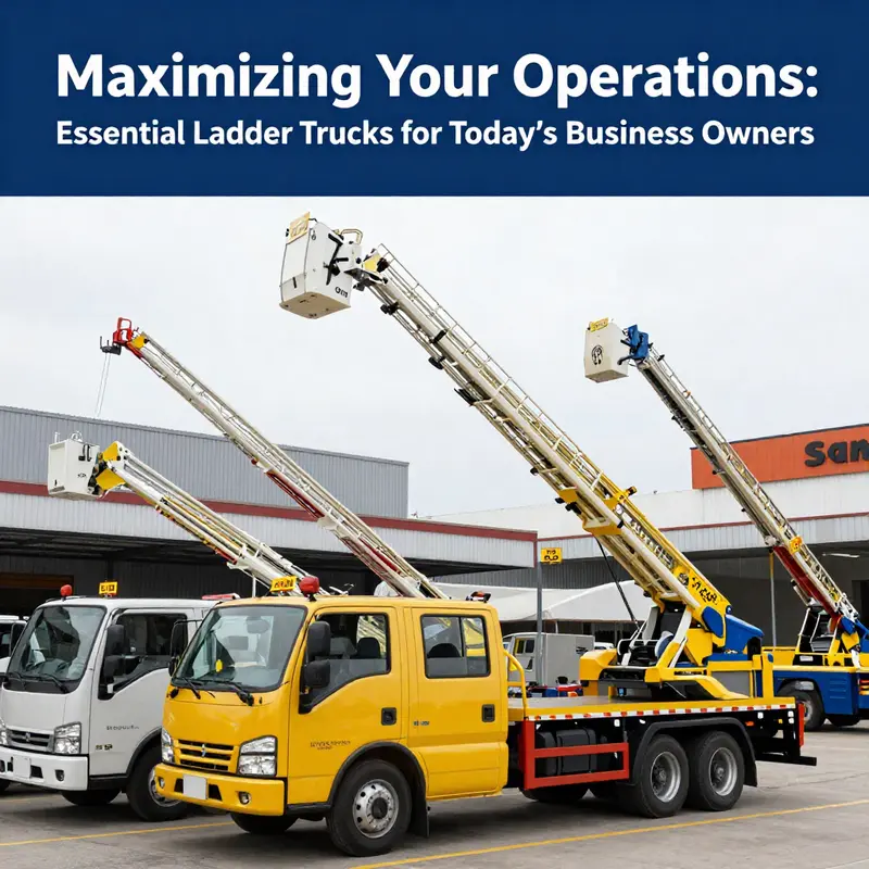 A display of various ladder trucks available for sale, highlighting their pricing and features.