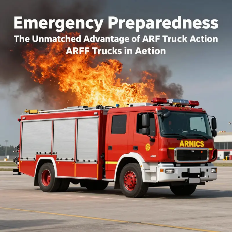 รถ ARFF ตอบสนองต่อเหตุฉุกเฉินที่สนามบิน ซึ่งแสดงให้เห็นถึงความสามารถในการดับเพลิงที่สำคัญของมัน.