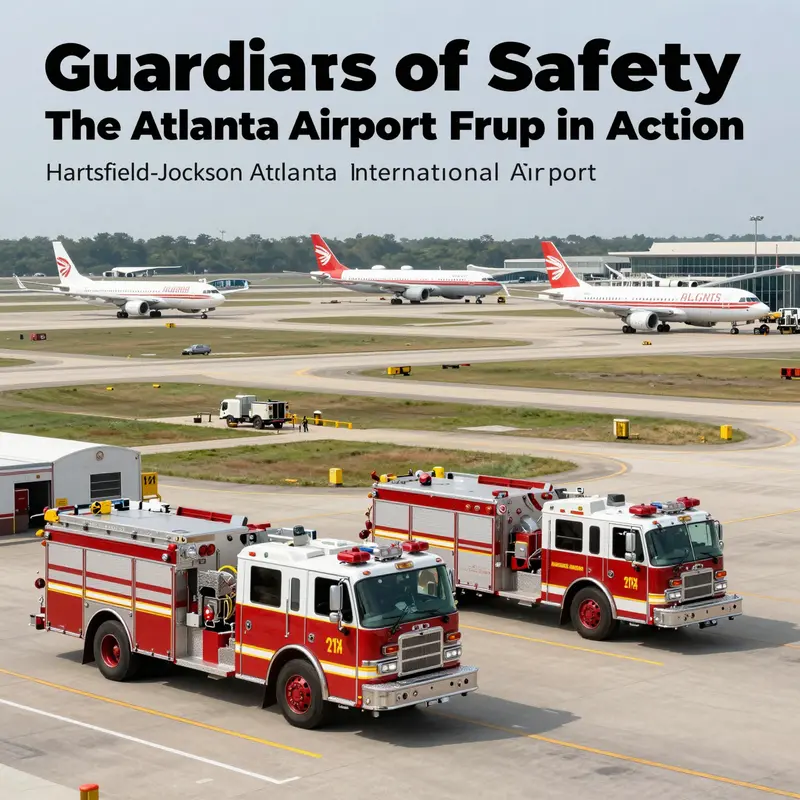มุมมองพาโนรามาของสนามบินนานาชาติ Hartsfield-Jackson แอตแลนตา เน้นการดำเนินงานและความพร้อมของสนามบินโดยมีรถดับเพลิงมองเห็นได้.
