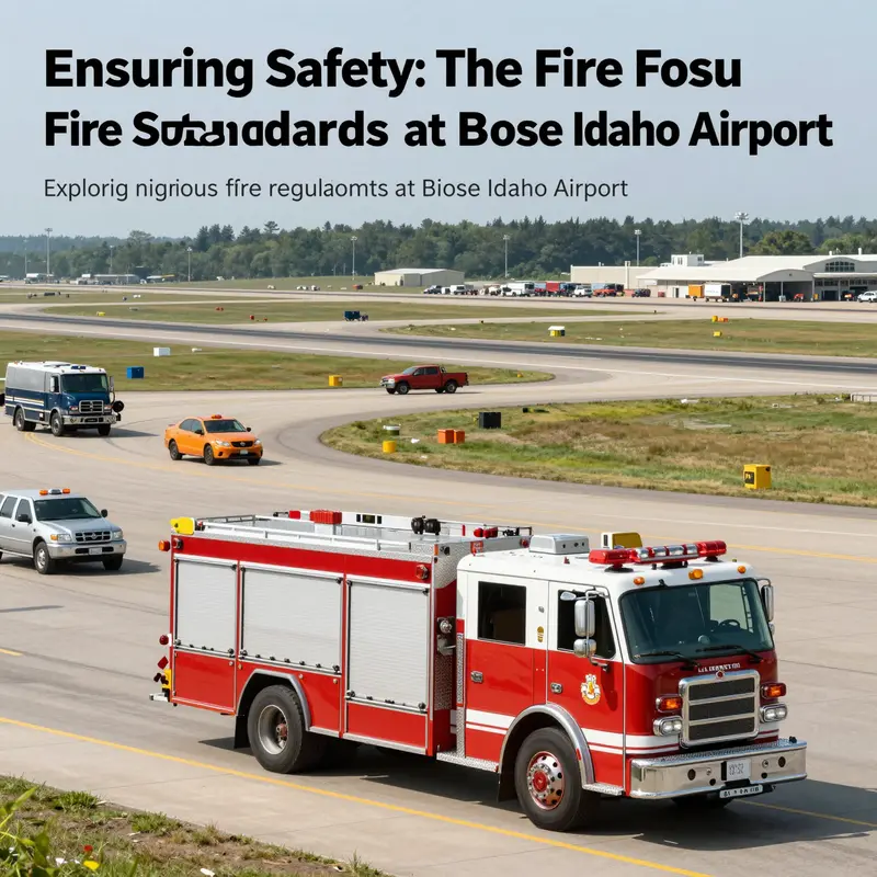 Panoramic view of Boise Idaho Airport showing runway operations and a fire truck.