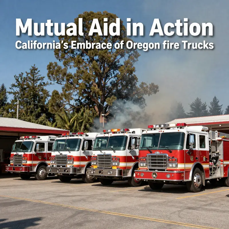 Caminhões de bombeiros do Oregon estacionados na Califórnia, mostrando a cooperação entre estados durante a temporada de incêndios florestais.