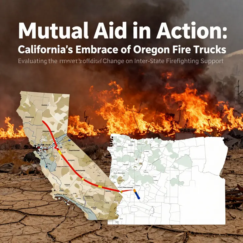 Caminhões de bombeiros do Oregon estacionados na Califórnia, mostrando a cooperação entre estados durante a temporada de incêndios florestais.