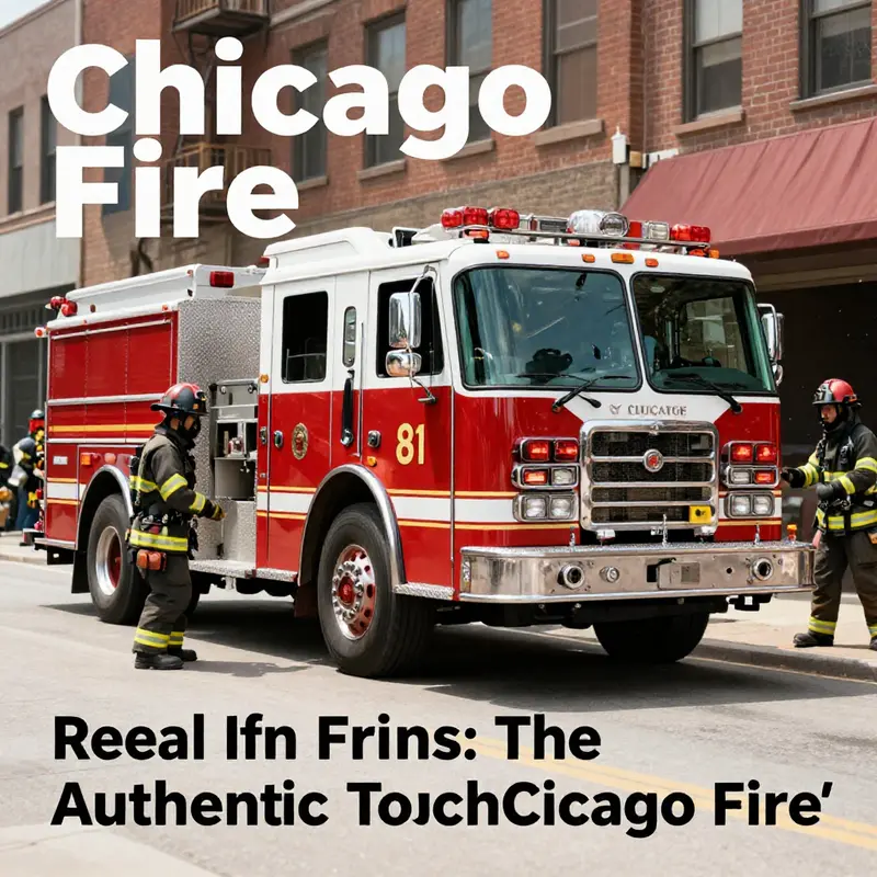 รถบรรทุก 81 จอดอยู่พร้อมกับนักดับเพลิงที่ทำงานจาก *Chicago Fire*, เน้นความสมจริงของรายการ.