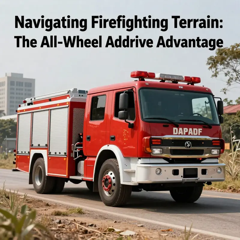 A fire truck maneuvering through both urban streets and rugged terrains, highlighting the need for all-wheel drive.