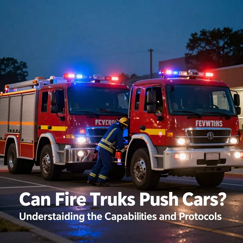 Um caminhão de bombeiros manobrando para empurrar um carro em meio a luzes de emergência piscando.