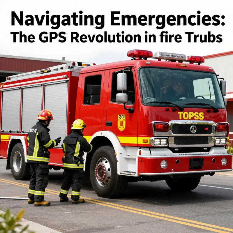 Um caminhão de bombeiros moderno utilizando tecnologia GPS enquanto os bombeiros respondem a uma emergência.