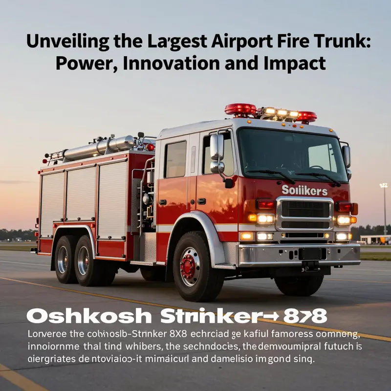 รถดับเพลิง Oshkosh Striker 8x8 บนรันเวย์สนามบินในช่วงพระอาทิตย์ตก เน้นขนาดและอุปกรณ์ดับเพลิง.