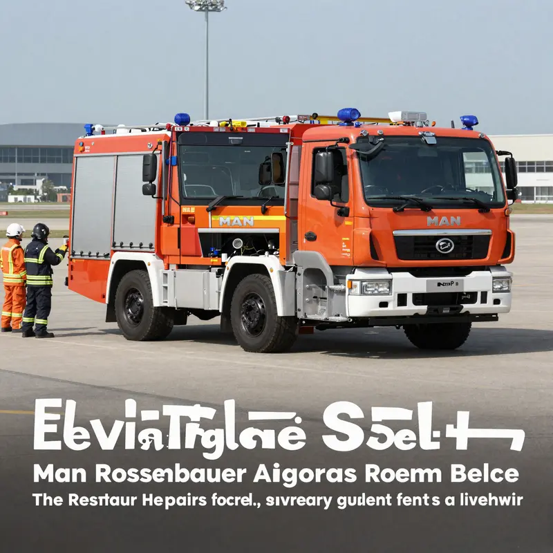 รถดับเพลิงสนามบิน MAN Rosenbauer บนรันเวย์สนามบิน แสดงความสามารถและเทคโนโลยีการดับเพลิงของมัน.