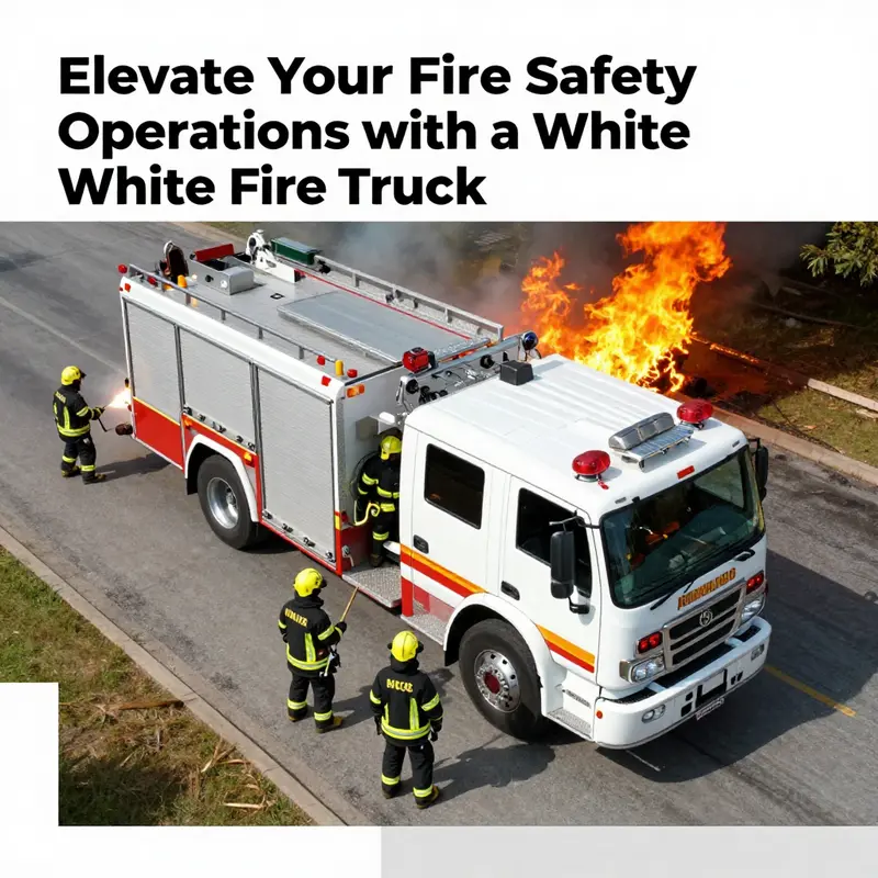 An aerial view of a white fire truck with firefighters responding to an emergency.