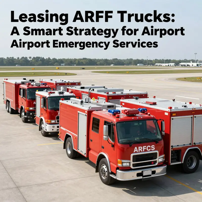 ฝูงรถบรรทุก ARFF ที่เชี่ยวชาญจอดอยู่ที่สนามบิน พร้อมสำหรับเหตุฉุกเฉินเกี่ยวกับเครื่องบิน.