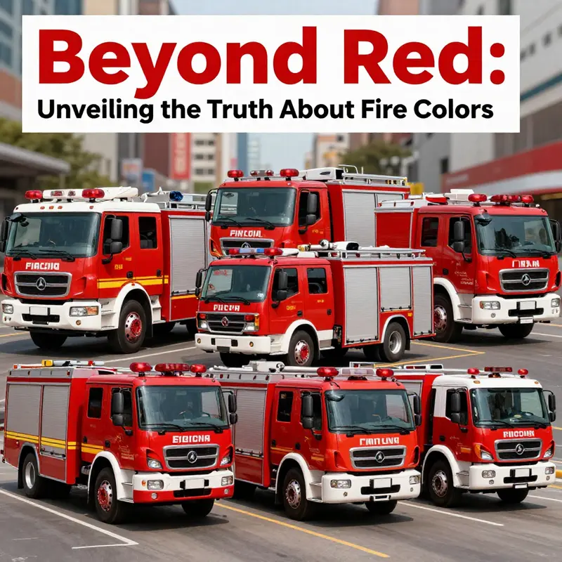 Diverse fire truck fleet with vibrant colors parked in an urban setting, highlighting the evolution of fire truck designs.