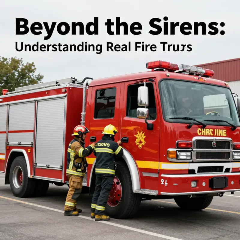 A fire truck responding to an emergency with firefighters in action.
