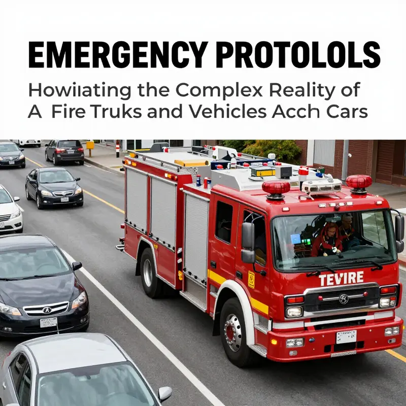 Fire trucks navigating through urban traffic, highlighting the urgency and risks of potential collisions with other vehicles.