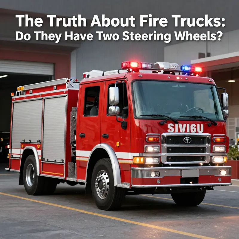 A detailed look at the steering wheel and controls in a fire truck, illustrating its design and functionality.