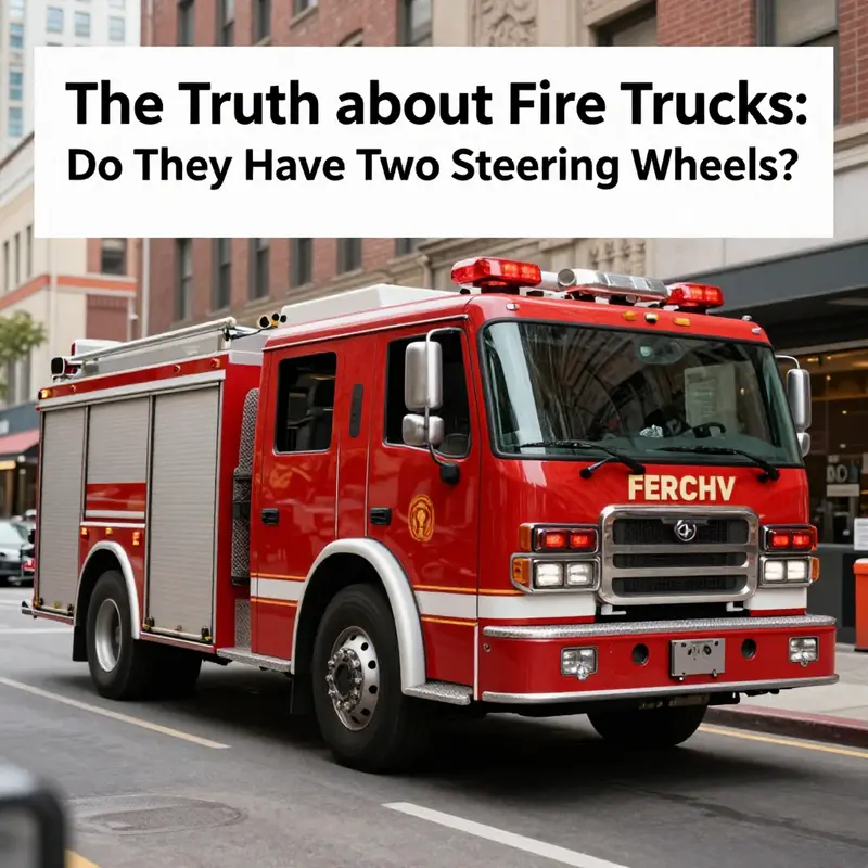 A detailed look at the steering wheel and controls in a fire truck, illustrating its design and functionality.