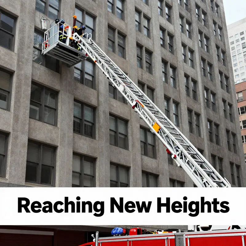 Aerial ladder reaching towards a high-rise, demonstrating firefighting capabilities.