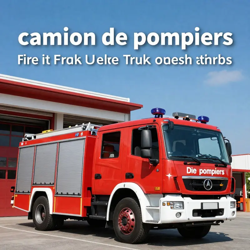 คำภาษาฝรั่งเศส ‘camion de pompiers’ ที่แสดงอย่างเด่นชัดบนรถดับเพลิง.