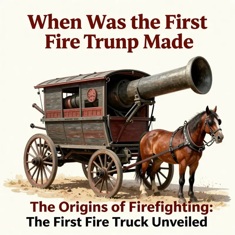 An artistic representation of the first fire truck built in Augsburg in 1518, highlighting its functional design.
