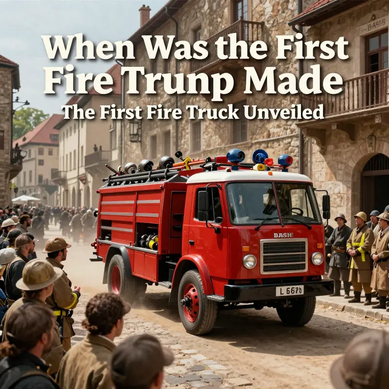 An artistic representation of the first fire truck built in Augsburg in 1518, highlighting its functional design.