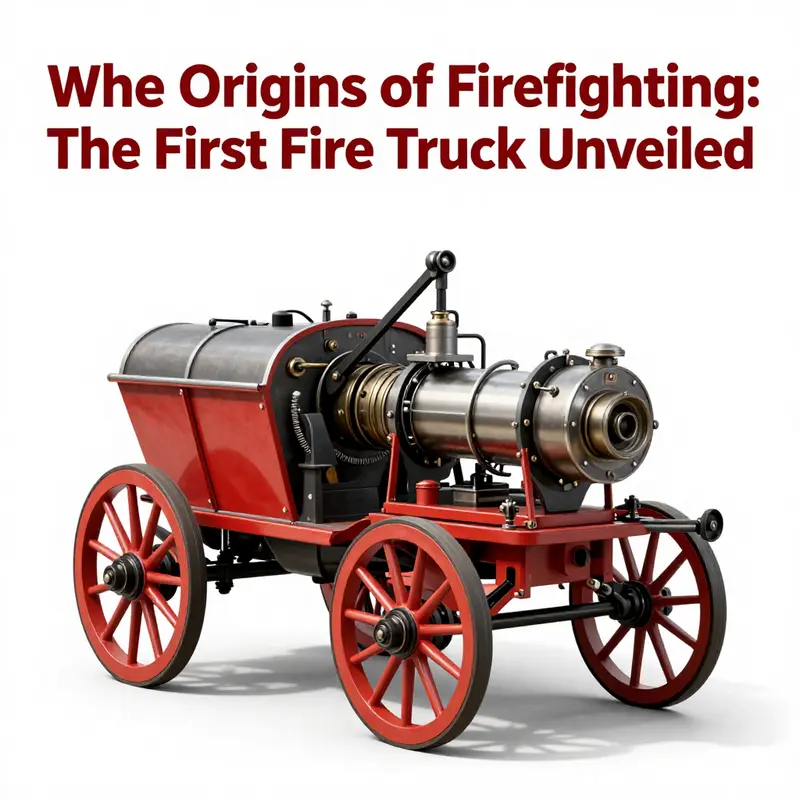 An artistic representation of the first fire truck built in Augsburg in 1518, highlighting its functional design.