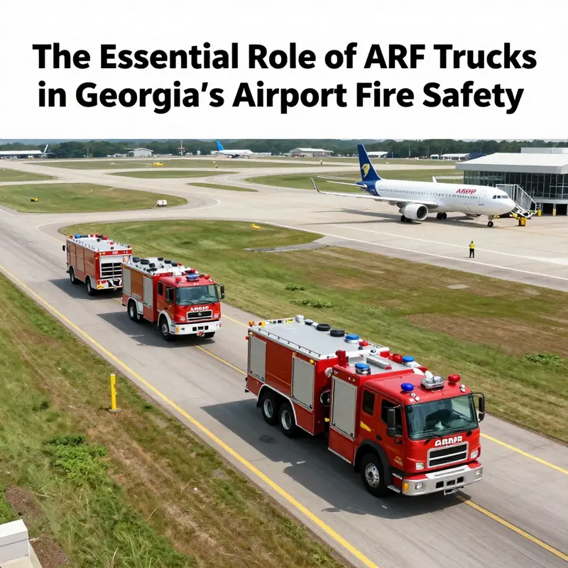 มุมมองทางอากาศของสนามบินจอร์เจียที่แสดงให้เห็นรถดับเพลิง ARFF ในการปฏิบัติงานท่ามกลางการดำเนินงานของสนามบิน.