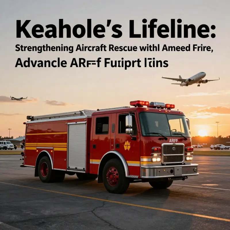 รถดับเพลิง ARFF ที่สนามบิน Keahole พร้อมกับพระอาทิตย์ตกอยู่เบื้องหลัง แสดงถึงความพร้อมสำหรับความปลอดภัยทางการบิน.