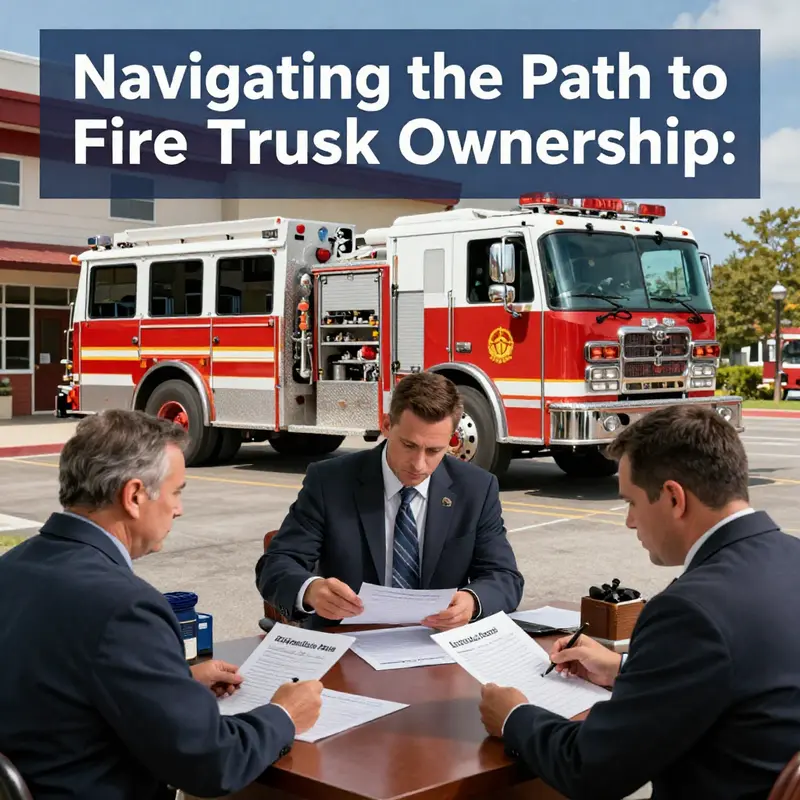 Officials at a municipal office handle registration paperwork for fire truck ownership.