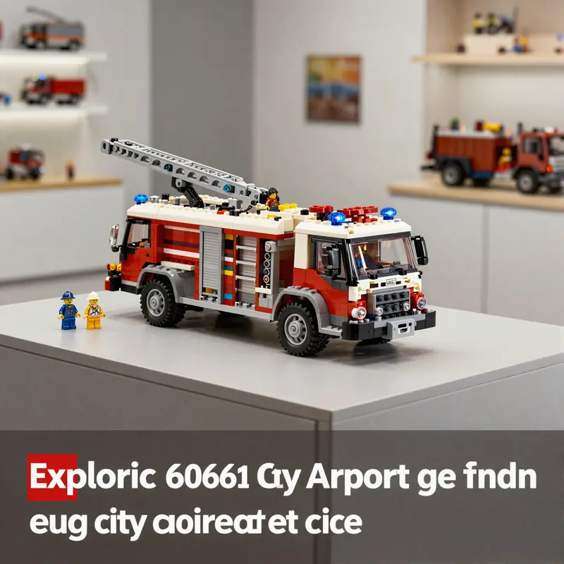 ภาพมุมกว้างของ LEGO 60061 รถดับเพลิงสนามบินเมืองที่อยู่บนโต๊ะแสดงผลโดยมีการโฟกัสที่รายละเอียดของโมเดลและมินิฟิกเกอร์นักดับเพลิง.