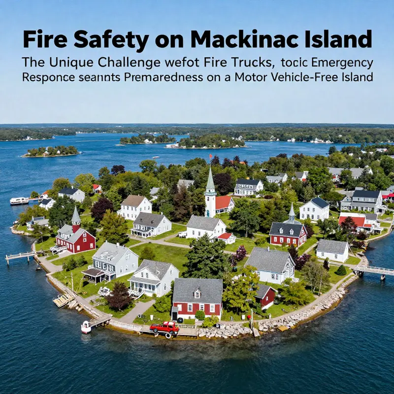 Vista aérea da Ilha Mackinac exibindo a mistura harmoniosa de edifícios históricos, vegetação exuberante e a ausência de veículos motorizados.