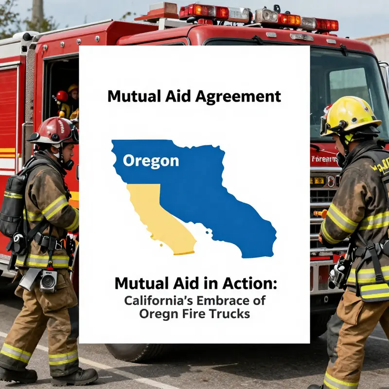 Caminhões de bombeiros do Oregon estacionados na Califórnia, mostrando a cooperação entre estados durante a temporada de incêndios florestais.