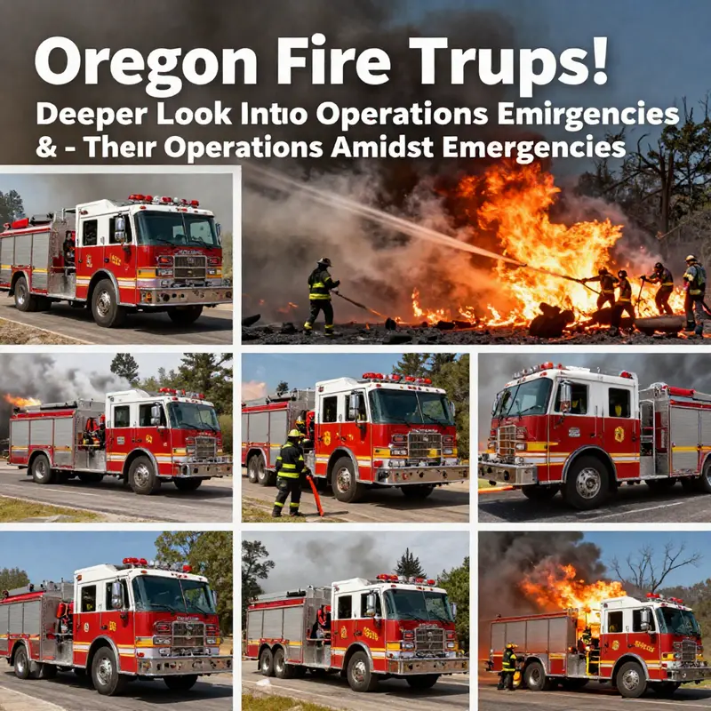 Colagem de caminhões de bombeiros envolvidos em esforços de combate a incêndios durante os incêndios florestais de Oregon, demonstrando trabalho em equipe e compromisso.