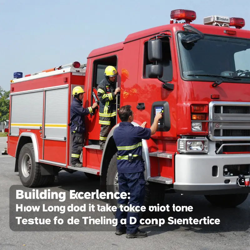 Timeline infographic illustrating the phases involved in fire truck construction.
