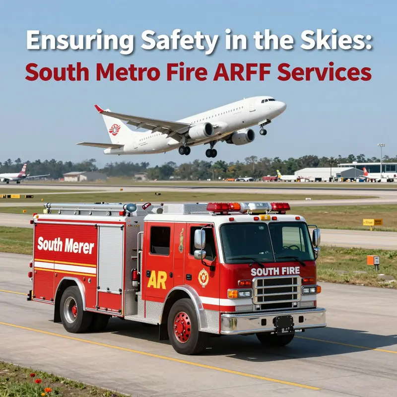 มุมมองของสนามบิน Centennial พร้อมรถ ARFF และการดำเนินงานของเครื่องบินที่แสดงมาตรการด้านความปลอดภัย.