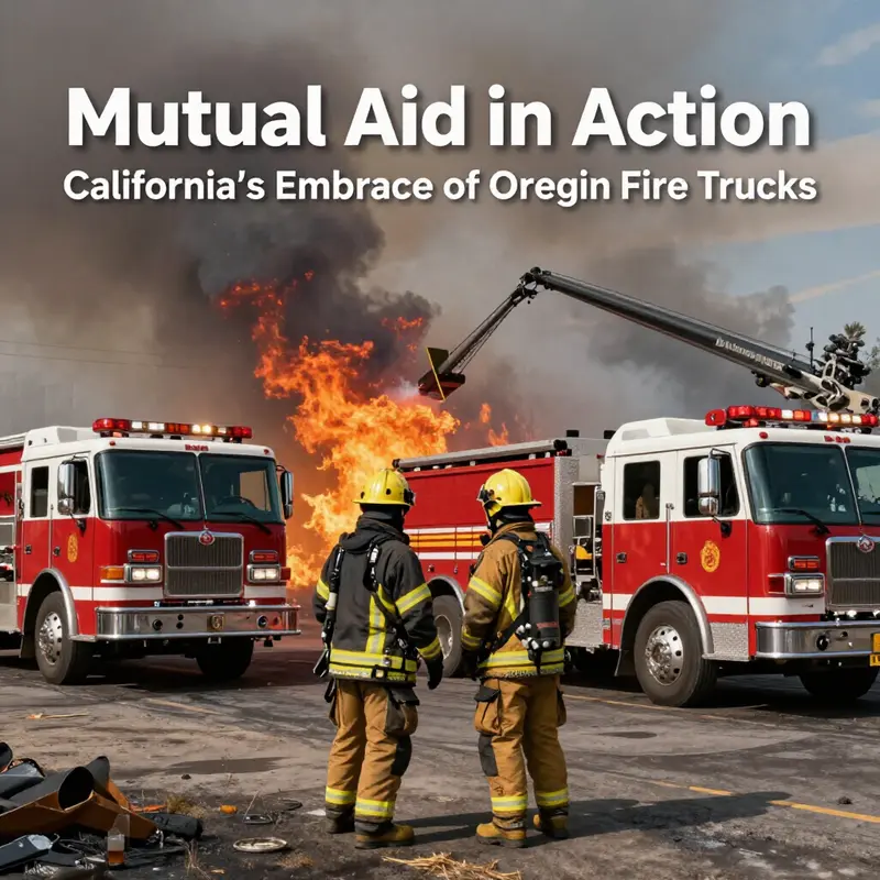 Caminhões de bombeiros do Oregon estacionados na Califórnia, mostrando a cooperação entre estados durante a temporada de incêndios florestais.
