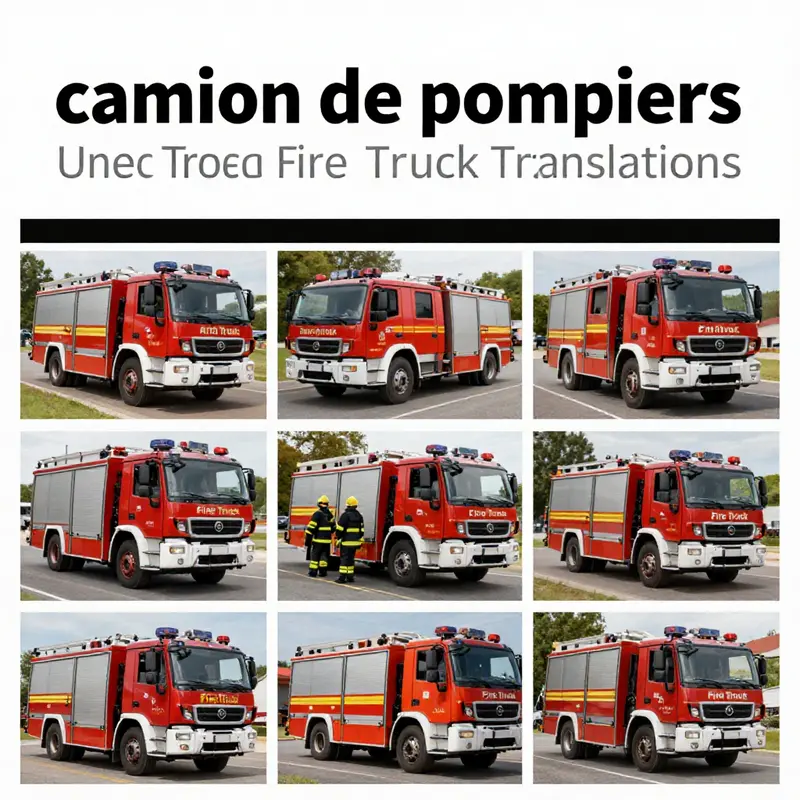 คำภาษาฝรั่งเศส ‘camion de pompiers’ ที่แสดงอย่างเด่นชัดบนรถดับเพลิง.