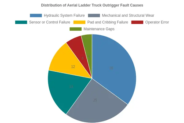 Pie chart titled 'Distribution of Aerial Ladder Truck Outrigger Fault Causes' showing hydraulic system failure at 35%, mechanical and structural wear at 25%, sensor or control failure at 18%, pad and cribbing failure at 12%, operator error at 6%, and maintenance gaps at 4%.