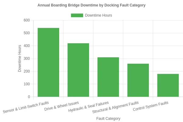 Annual boarding bridge downtime hours by docking fault category, comparing sensor and limit-switch faults, drive and wheel issues, hydraulic and seal failures, structural and alignment faults, and control system faults