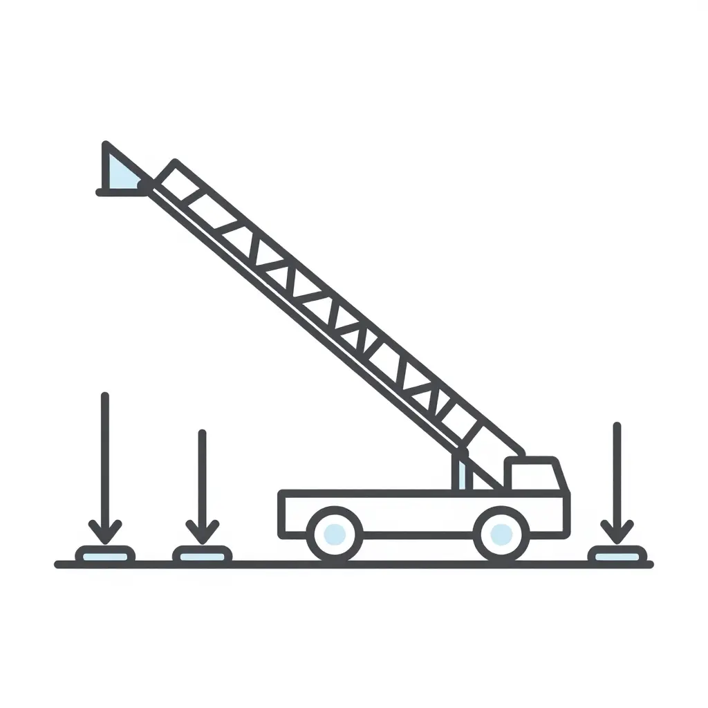 Flat 2D schematic of an aerial ladder truck with four extended outriggers transferring load into the ground via pads of different downward arrow lengths