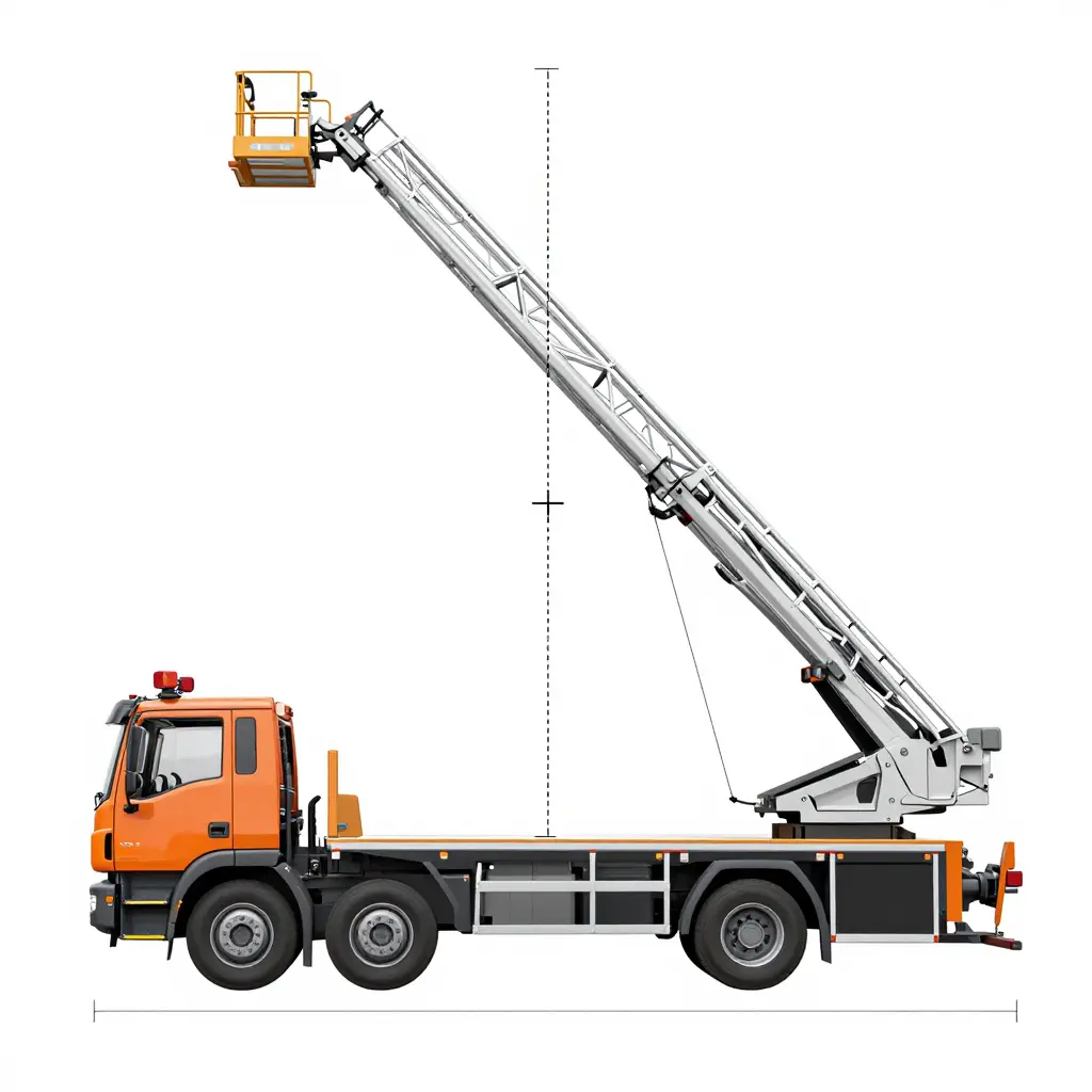 Diagram of an aerial ladder truck on a slope showing longitudinal and lateral grade, the centre of gravity with a plumb line, outrigger pads and a level indicator