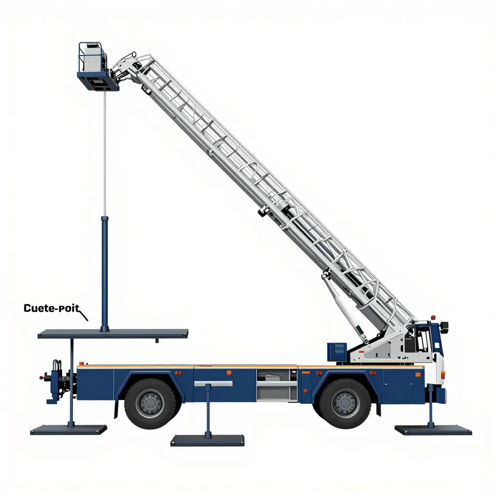 Labeled diagram of an aerial ladder truck outrigger system showing the four-point stabilization concept, outrigger beams, vertical jacks and ground pads