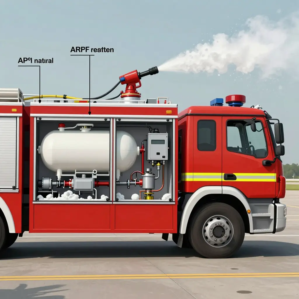 Infographic of an ARFF airport fire truck foam proportioning system showing the foam concentrate tank, water tank, proportioner unit and roof turret nozzle spraying finished foam onto a runway