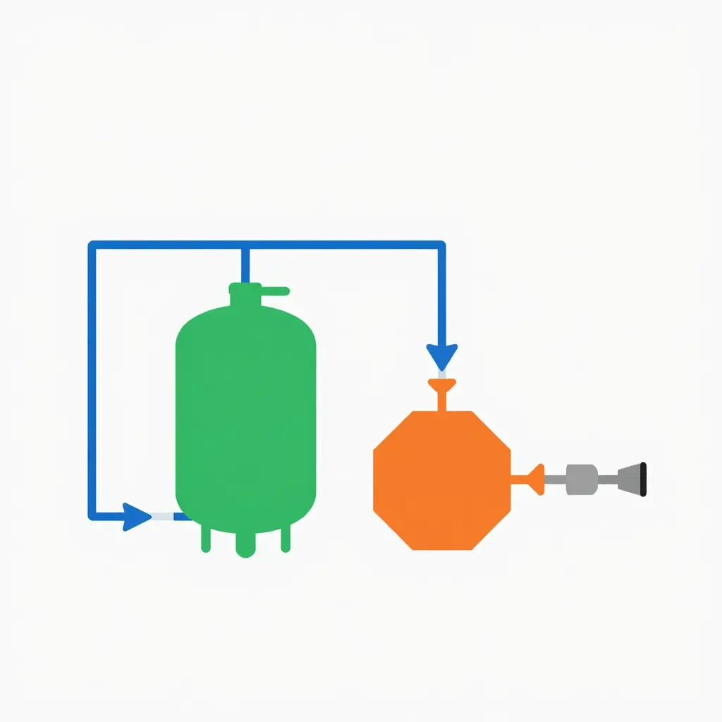 Minimalist flat 2D schematic of an ARFF foam proportioning circuit showing a blue water supply line, a green foam concentrate tank, an orange proportioning device, and a mixing point feeding a discharge nozzle, connected by directional flow arrows.