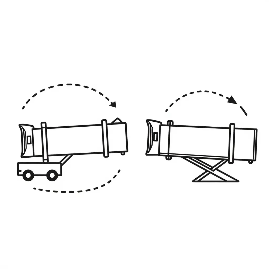 Minimalist 2D schematic diagram comparing an apron drive boarding bridge with a wide rotational travel arc versus a fixed ramp boarding bridge pivoting from a single fixed base point, both reaching an aircraft fuselage door