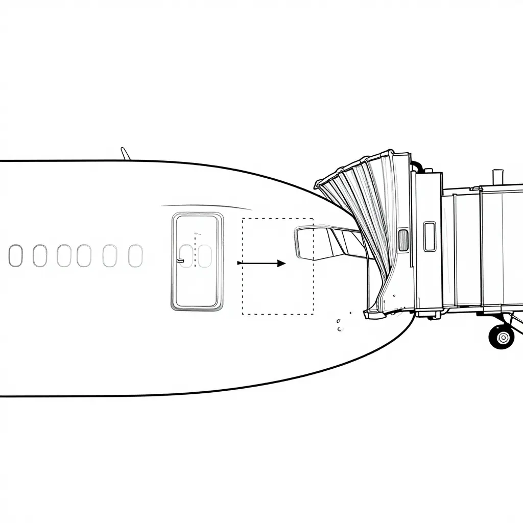 Minimal two-dimensional technical diagram showing the geometric alignment between a passenger boarding bridge and an aircraft door during docking, with horizontal offset, vertical offset, and a dashed tolerance envelope around the door center
