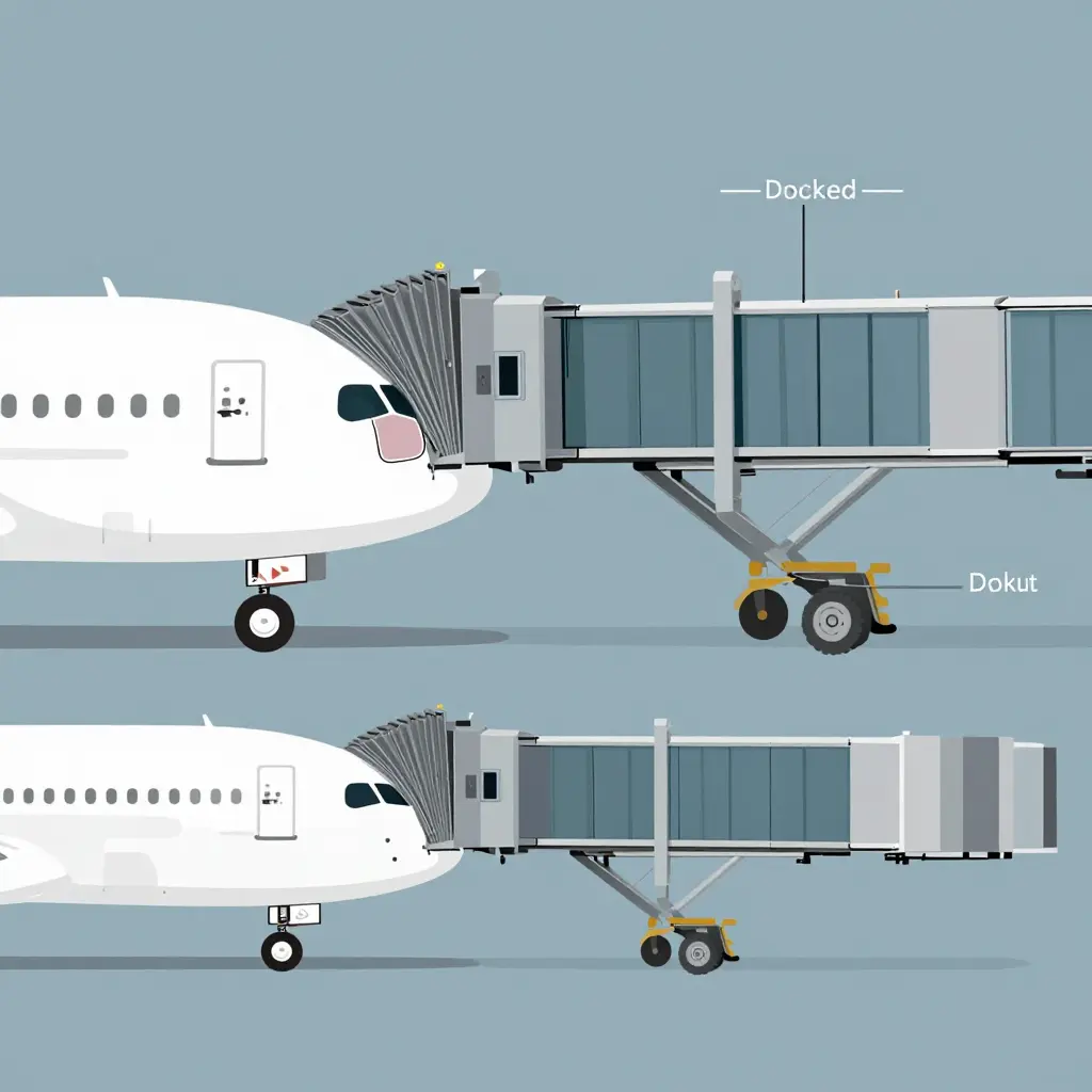 Technical diagram showing stand tolerance and docking alignment between a passenger boarding bridge and an aircraft door