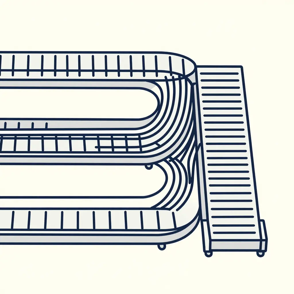 Flat minimal 2D schematic showing multiple baggage input conveyor lines converging into a single sorter loop, with flow lines thickening at each merge point to illustrate congestion concentrating where flows combine.