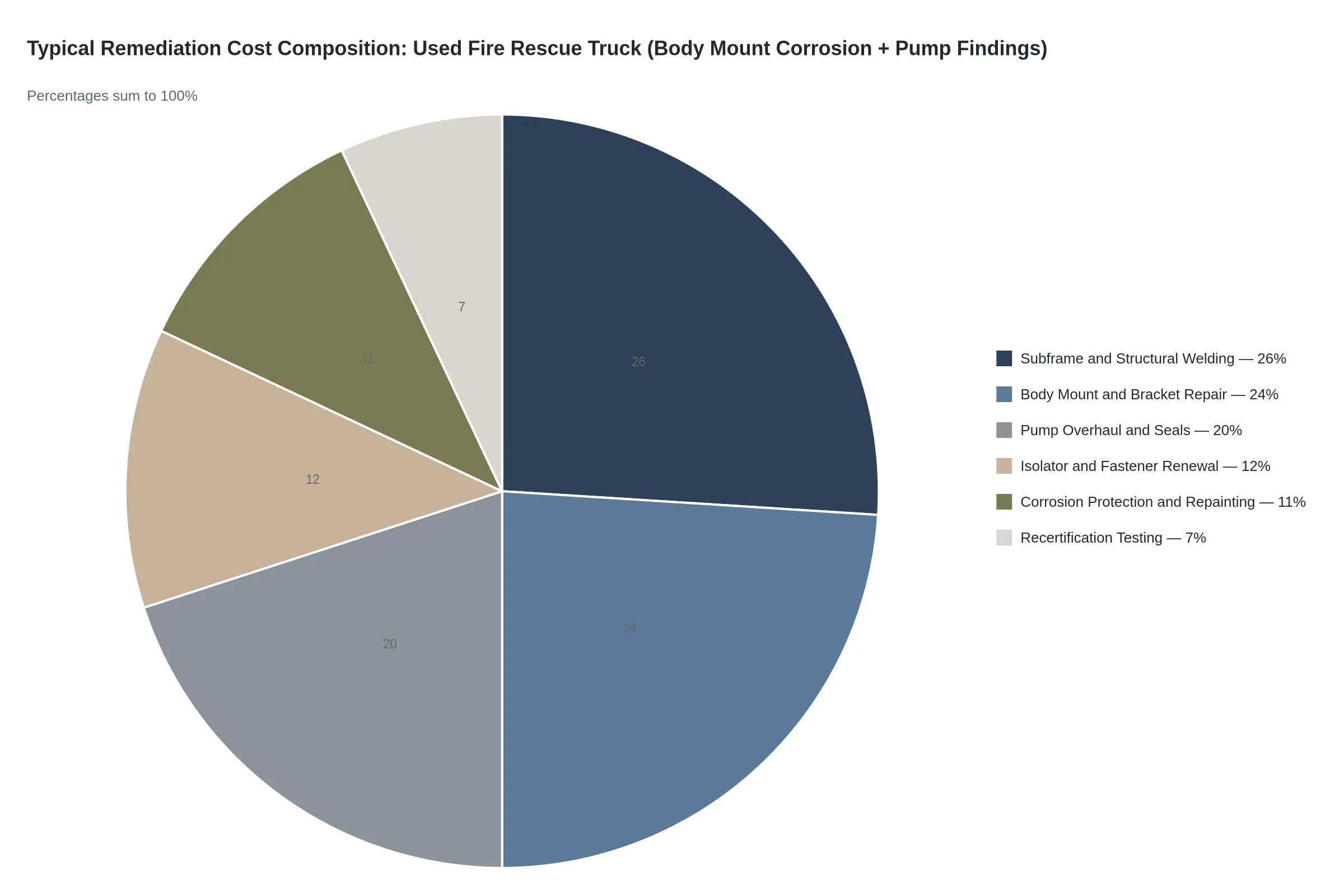 Pie chart showing typical remediation cost composition for a used fire rescue truck with body mount corrosion and pump findings: subframe and structural welding 26%, body mount and bracket repair 24%, pump overhaul and seals 20%, isolator and fastener renewal 12%, corrosion protection and repainting 11%, recertification testing 7%