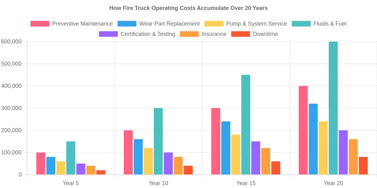 Stacked bar chart showing cumulative fire truck operating costs across preventive maintenance, wear parts, pump service, fluids and fuel, certification, insurance, and downtime from year 5 to year 20